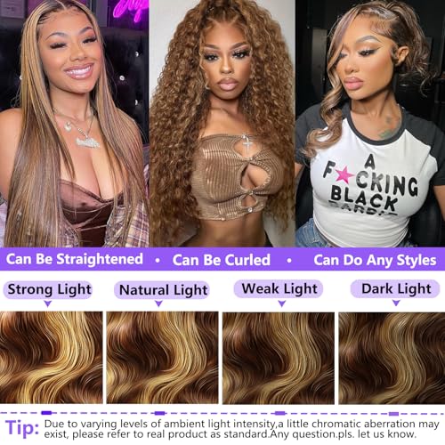 Honey Blonde Ombre Lace Front Wig Human Hair Highlight Body Wave 13X6 Lace Front Wigs Human Hair Pre Plucked HD Frontal 180 Density Glueless 4/27 Highlighted Human Hair Wig 30 Inch