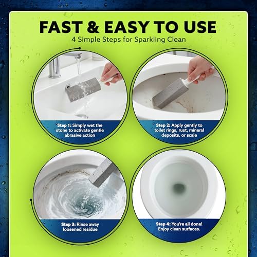 PUMIE Pumice Stone Toilet Bowl Cleaner (12-Pack) - Toilet Pumice Stone with Handle - Heavy Duty Scouring Stick for Rings, Bowls, Hard Water Stains, Lime, Rust, Sink - Includes Handle for Easy Use
