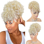 Ceitq Afro Puff Ponytail Extensions with Bangs Drawstring Ponytail for Women Short Kinky Curly Ponytail with Bangs Blonde Clip in Wrap Updo Hairpieces