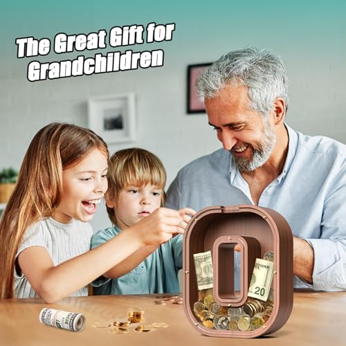 Summidate Wooden Letter Piggy Bank, Extra Thick Large Capacity Piggy Bank for Kids Boys Girls Toddler, Alphabet O Money Bank| Coin Box Birthday, Christmas, Festival