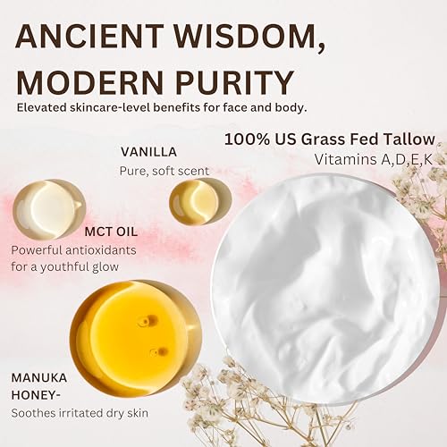 Whipped Beef Tallow for Skin - 100% Pure, Grass Fed Tallow Moisturizer for Face and Body - Organic Honey Beef Balm for Sensitive Skin - Quick Absorbing Hydration (Vanilla Cloud)
