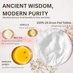 Whipped Beef Tallow for Skin - 100% Pure, Grass Fed Tallow Moisturizer for Face and Body - Organic Honey Beef Balm for Sensitive Skin - Quick Absorbing Hydration (Vanilla Cloud)