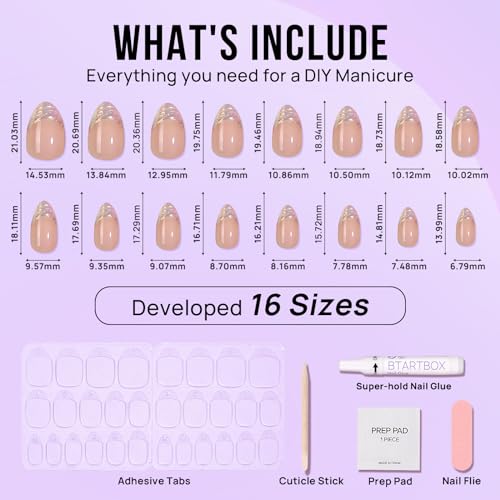 BTArtbox Press on Nails Short Almond - Aurora French Tip Press On Nails Almond, Spring Glue On Nails for Gifts, Natural Stick On Nails in 16 Sizes - 30 Fake Nails Kit, Athena