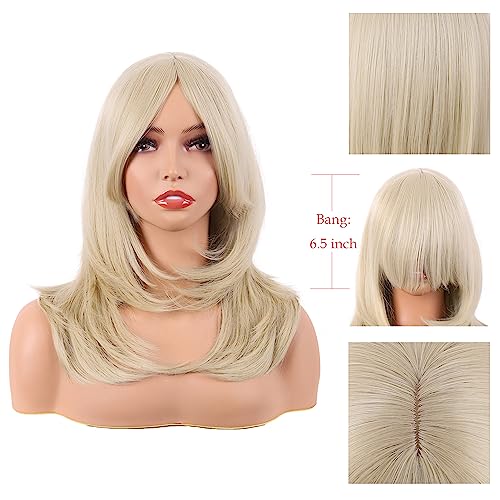 MapofBeauty 20 Inch/50 cm Long Layered With Bangs Straight Synthetic fiber Shoulder Length Hair for Daily Use or Party Wig (Blonde)