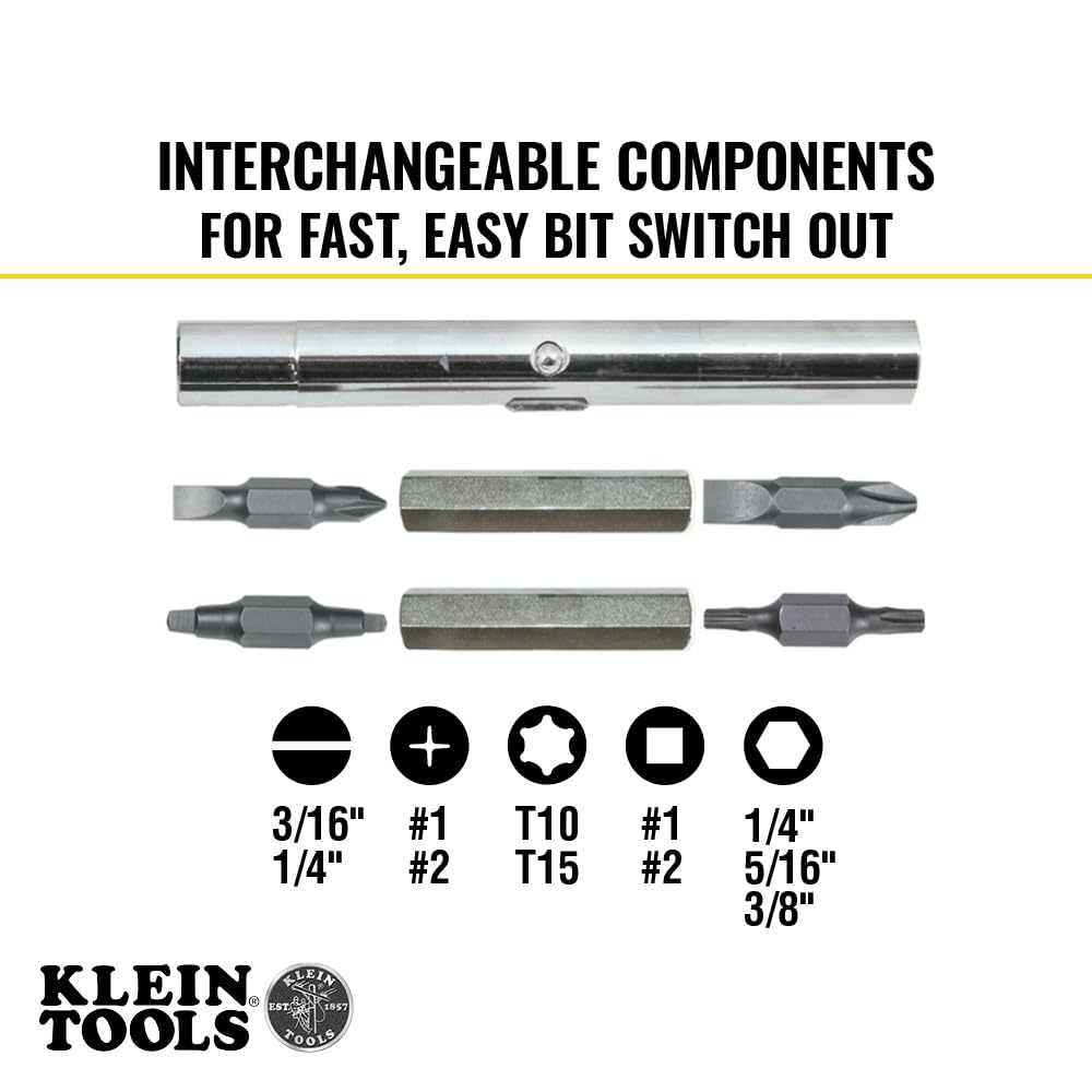 Klein Tools 80027 Screwdriver Set, 11-in-1 Multi-bit Screwdriver, 6-in-1 Stubby, Phillips, Slotted, Square, Torx Bits, 2-Piece