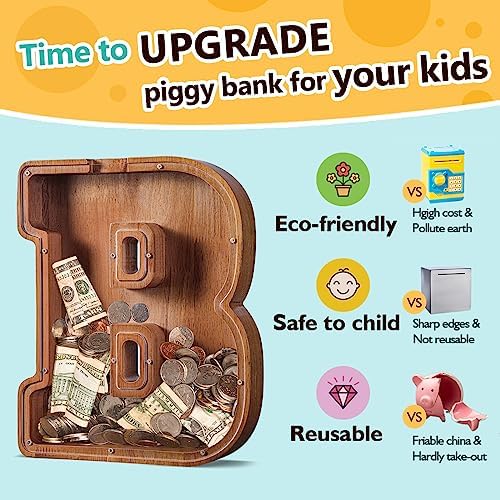 Summidate Large Wooden Piggy Bank for Kids Adults, Alphabets Letter A-Z Piggy Bank for Boys Girls, Coins Bills Change Bank Box Personalized Initial Name Kids Money Bank for Birthday Present and Decor