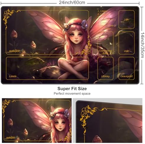 DEGDFSGR for MTG Playmat with Zones 24 x 14 inches for TCG Playmats Non-Slip Rubber Base Commander Play Mat for Magic The Gathering Playmat Iorcana Trading Card Game, Pink Fairy Sitting Flower Meadow
