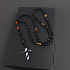 Rosary Necklace for Men, Black Catholic Rosary, Lava Rock Tiger Eye Beads Cross Necklace, Rosarios Catolicos Para Hombre (B)