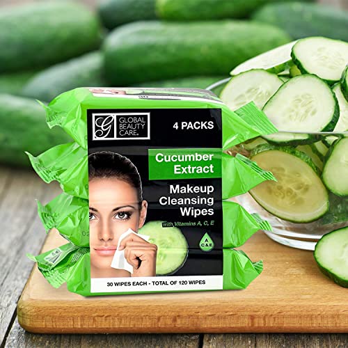 Global Beauty Care Cleansing Makeup Removal Wipes Bulk - Great for travel toiletries - 120 Count (4-Pack) (Cucumber)