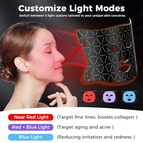 Red Light Therapy for Face, LED Face Mask Light Therapy, Red Light Therapy Mask for Wrinkles, Acne, Skin Rejuvenation, 300 LEDs, 3 Modes, 10-Min Auto Off, Eye Protection Included