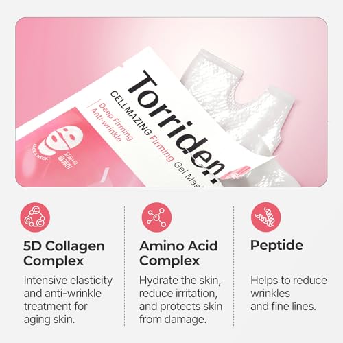 Torriden CELLMAZING Collagen Firming Gel Facial & Neck Sheet Mask (pack of 4) | Covering Neck Mask | 5D Collagen Complex, Amino Acid Complex, Peptide