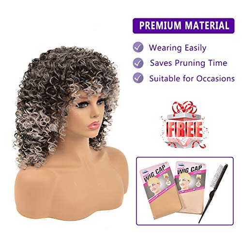 YEAME Curly Wigs for White Women - Kinky Curly Afro Wig with Bangs Ombre Gray Color Synthetic Mixed Wigs with 1 Wig Comb and 4pcs Wig Caps