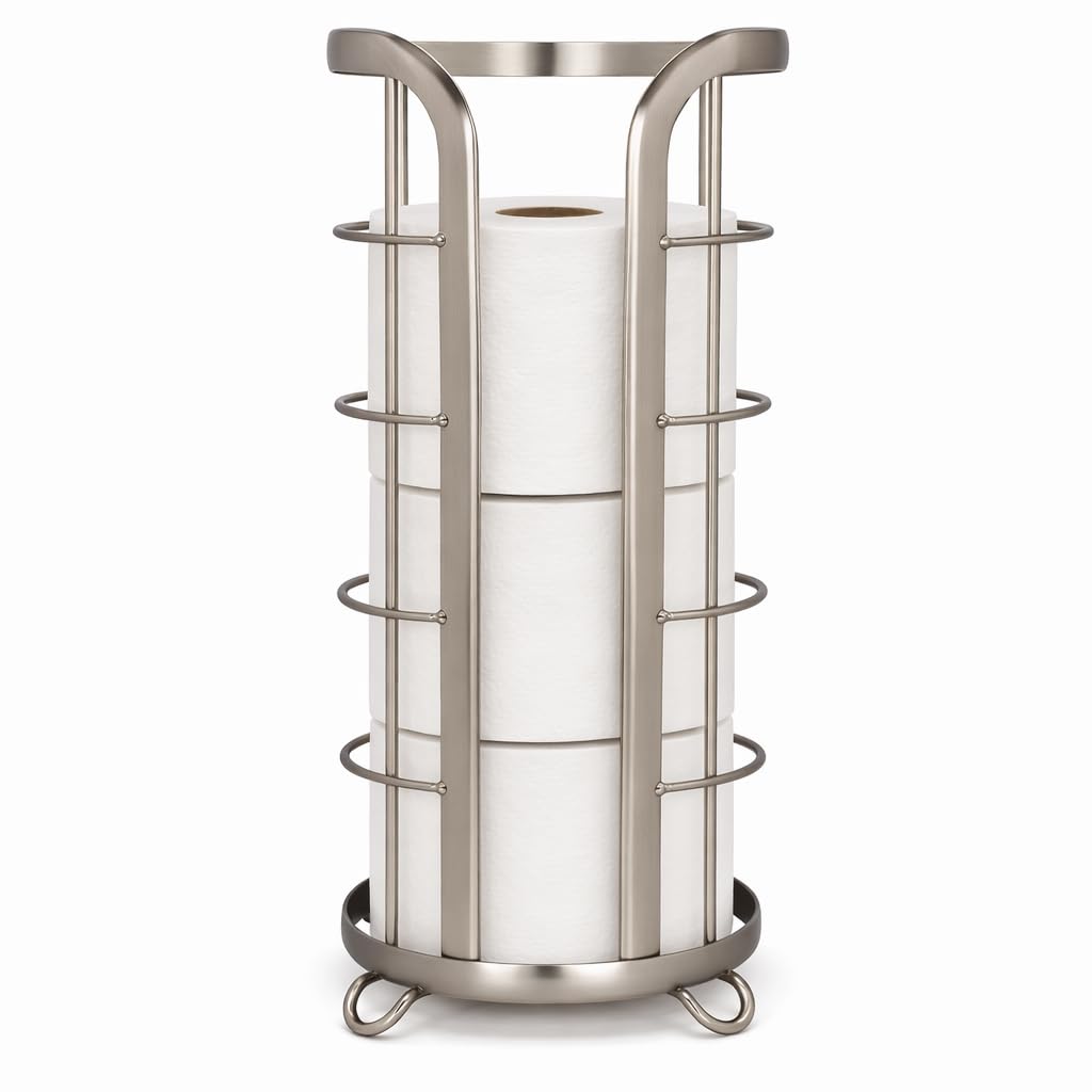 BROOKSTONE Toilet Paper Holder Stand Reserve - Free Standing Toilet Paper Stand with Storage that Holds Mega Rolls, Standing Bathroom Tissue Organizer, Bathroom Decor - Modern Storage Holder, Nickel