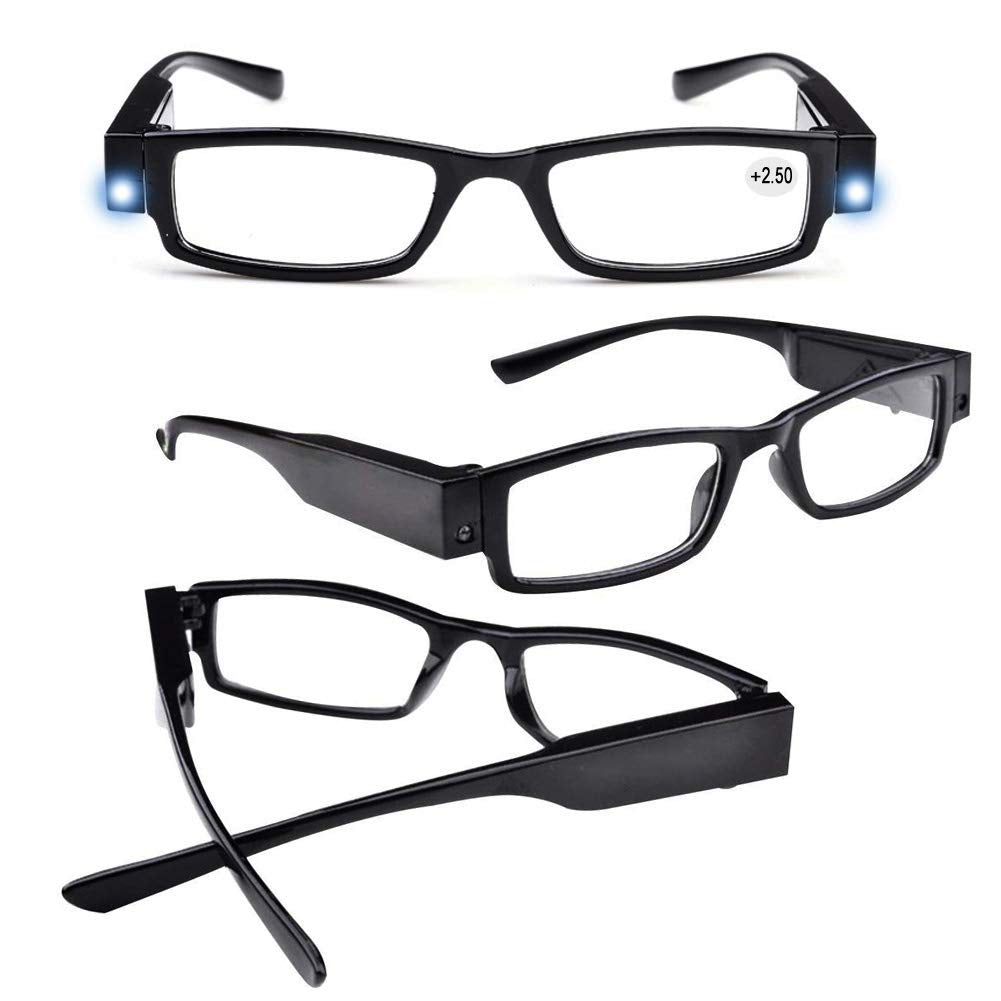 4 Pcs Reading Glasses Led Readers with Lights Fashion Glasses for Reading for Men and Women Lighted Magnifier Nighttime Reader Compact Full Frame Eyewear Unisex Clear Vision Lighted Eye Glasses(+250)