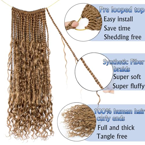 Boho Crochet Braids Human Hair 18 Inch Goddess Box Braids Crochet Hair for Black Women Human Hair Curls Pre looped Synthetic Boho Box Braid Crochet Hair Extensions(Brown, 77Strands)