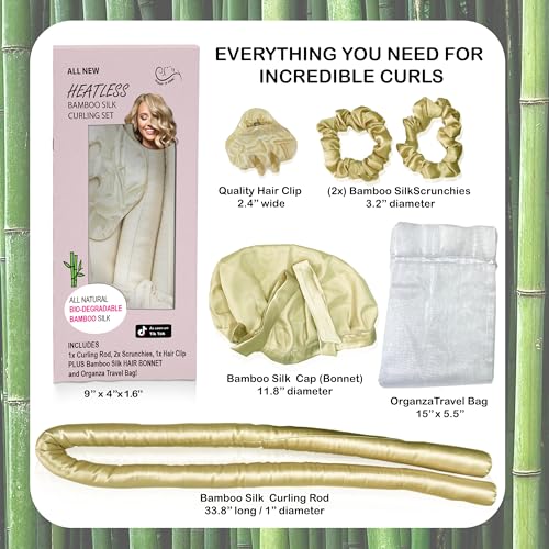 Sleep ‘N Curl - 100% Pure Biodegradable Bamboo Silk - Heatless Hair Curler KIT with Pure Bamboo Silk Cap (Bonnet) All Natural