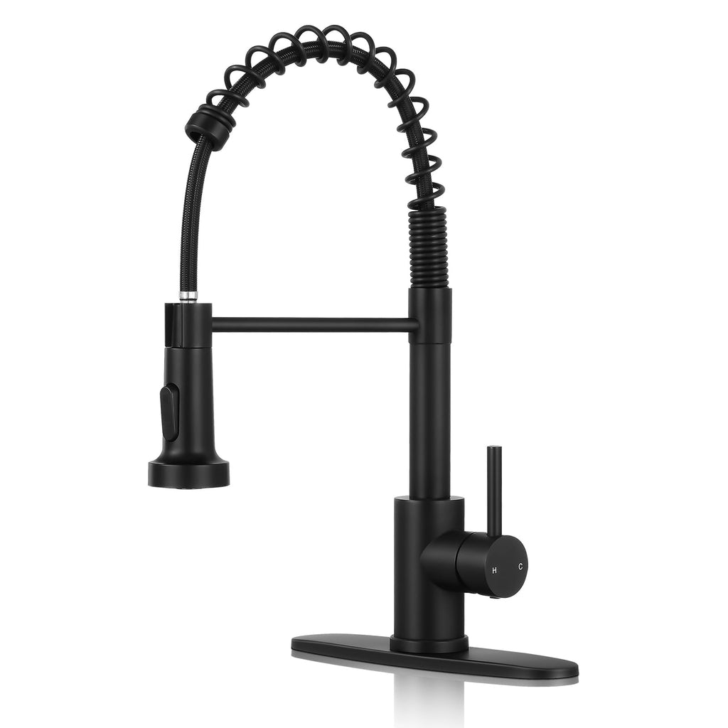 KHQF Kitchen Faucet with Pull Down Sprayer,Commercial Single Handle Stainless Steel Kitchen Faucets with Deck Plate (Matte Black)