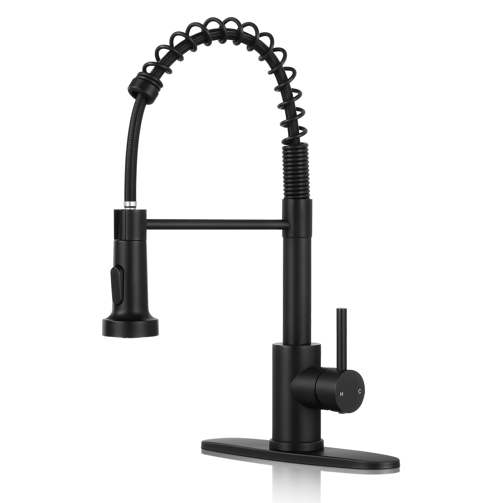 KHQF Kitchen Faucet with Pull Down Sprayer,Commercial Single Handle Stainless Steel Kitchen Faucets with Deck Plate (Matte Black)