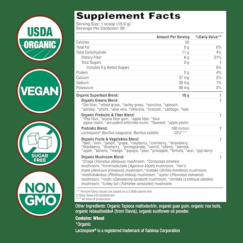 Country Farms Organic Super Greens Natural Flavor, 50 Organic Super Foods, Packed with Fiber, USDA Organic Drink Mix, Fruits, Vegetables, Mushrooms & Probiotics, Supports Energy, 6g Fiber