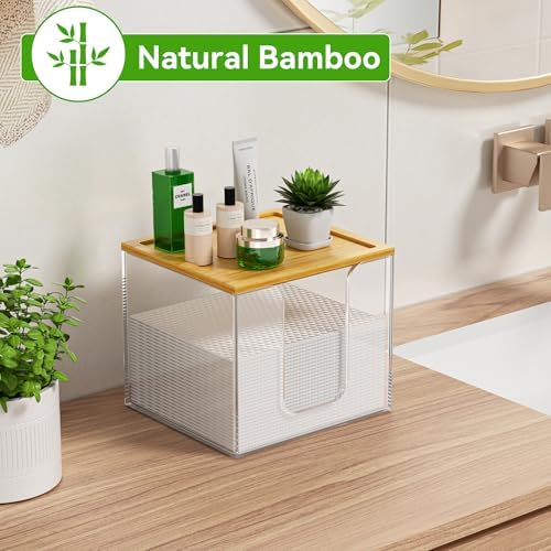 VITVITI Disposable Face Towel Holder Box, Acrylic Facial Towel Container for XL Clean Skin Club, Large Disposable Face Towel Storage with Bamboo Lid, for Bathroom, Vanity Makeup, Clear