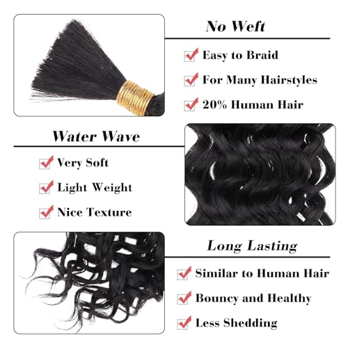 Leeven 20 Inch Water Wave Braiding Hair for Boho Braids Bulk Human Hair Mixed Synthetic Hair 180g Natural Black No Weft Wet and Wavy Curly Hair Bundle for Goddess Braids Twists (2 Bundles, 1B)