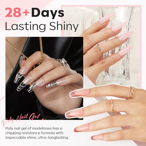 Modelones Poly Extension Gel Nail Kit, 6 Colors Pink Nude with 48W Nail Lamp Slip Solution 3D Bow Nail Charms Decoration Rhinestone Glitter Kit for Nail Manicure Beginner Starter Kit DIY at Home