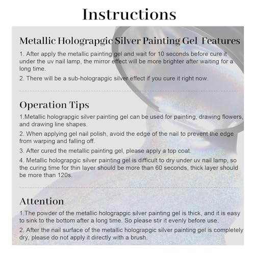 RARJSM Metallic Painting Gel Nail Polish Silver Mirror Chrome Holographic Laser Rainbow Effect Metal Painted Drawing Gel Polish Glossy Shine 8ml Soak Off Curing Need Home Salon DIY Nail Art Design