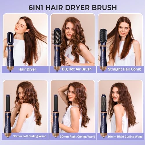 6 in 1 Blow Dryer Brush, Detachable Hair Dryer Brush Air Curler Air Styler Wrap, Curly Twist Hot Curling Iron, Blow Dryer Hot Brush Styler Negative Ion Brush, Travel Hair Styling Tool