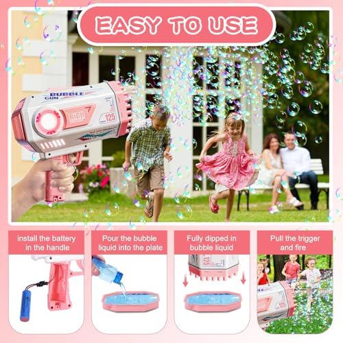 BOMOCO Bubble Gun, 125 Holes Bubble Machine Bubbles for Kids Age 3-12, Bubble Blaster Gun with Bubble Solution Summer Outdoor Bubble Toys Birthday Wedding Party Favors Bubble Maker Blower,Pink