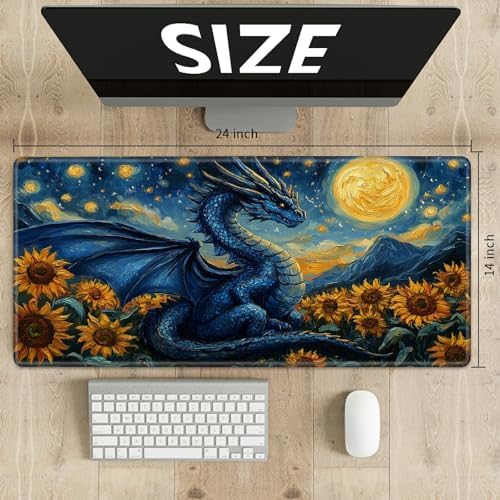 Playmats for Magic: The Gathering MTG Card Game Mat Plus 50 Pcs Card Sleeves, 24 x 14 inch TCG Mat with Stitched Edge for Commander Deck Duskmourn Board Game, Blue Dragon Sunflowers Sky