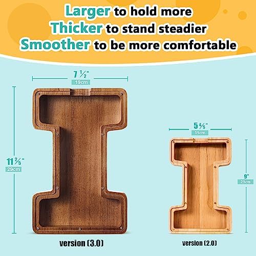Summidate Customized Name Large Wooden Piggy Bank for Kids Boys Girls Alphabets Letter A-Z Coins Bills Money Change Bank Box Initial on Clear Cover (Laser Engraved) (Alphabet-I, Personalized-12)