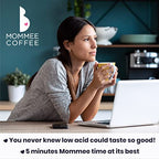 Mommee Coffee Full Caf Ground Low Acid Coffee - 100% Arabica Organic Coffee Beans with Smooth Caramel Flavor - Medium Grind for Drip, Reusable One Cup Filters - 11 oz