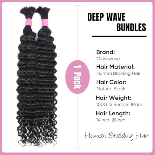 Human Braiding Hair for Boho Braids 22 Inch 2 Bundles 100g Deep Wave Bulk Hair 12A Virgin Curly for Knotless Braids (Natural Color)