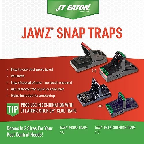 JT Eaton 409 Jawz Indoor Plastic Mouse Trap for Solid or Liquid Bait, Instant Kill Mouse Traps, No-Touch Disposal with Trap Set Indicator 12-Pack