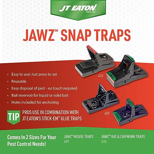JT Eaton 410BULK Jawz Plastic Rat Trap, High Tension Spring, Reusable Rodent Snap Trap for Solid or Liquid Bait, 12 Pack