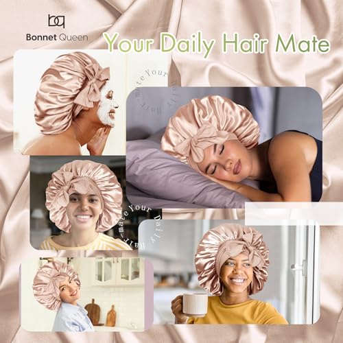 BONNET QUEEN Large Satin Bonnet Silk Bonnet for Sleeping Women Hair Bonnet Big Bonnet Night Sleep Cap Scarf Wrap for Curly Hair with Tie Band Champagne
