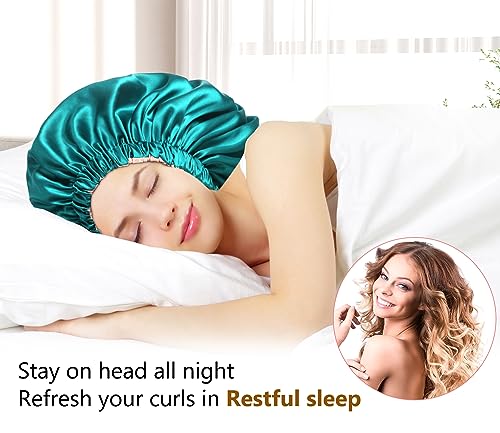 mikimini Satin Bonnet Silk Bonnet for Women Curly Hair, Reversible Double-Layer Sleeping Hair Bonnet Extra Large Stretchy Sleep Hair Cap (Green+Pink)