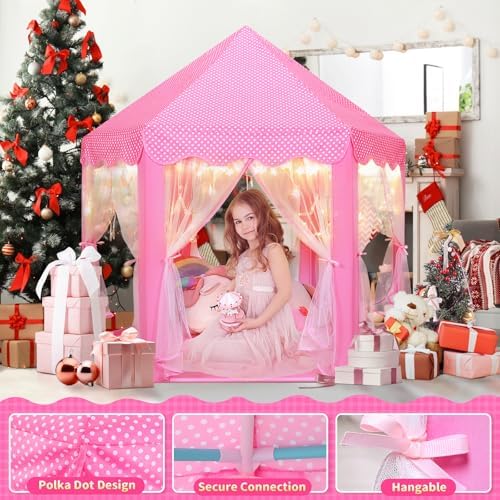 Monobeach Princess Castle Play Tent for Girls - Large 55'' x 53'' Playhouse with Star Lights for Indoor and Outdoor Play