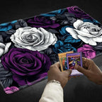 Playmats for Magic: The Gathering MTG Card Game Mat Plus 50 Pcs Card Sleeves, 24 x 14 inch TCG Mat with Stitched Edge for Commander Deck Duskmourn Board Game, Blue White Purple Roses