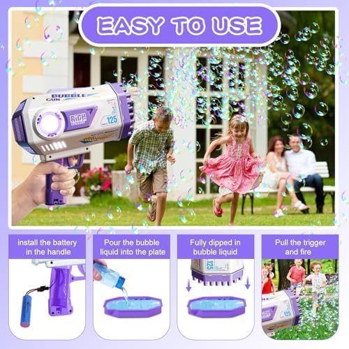 BOMOCO Bubble Gun, 125 Holes Bubble Machine Bubbles for Kids Age 3-12, Bubble Blaster Gun with Bubble Solution Summer Outdoor Bubble Toys Birthday Wedding Party Favors Bubble Maker Blower,Purple