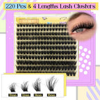 ALICE Fluffy Volume Lash Clusters Kit Lash Extension Kit Thick 3D Wispy DIY Eyelash Extension Kit with 220Pcs Mink Look Individual Lashes, Lash Bond and Remover,Tweezers(10-16mm,0.05D, D Curl)