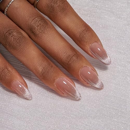 BTArtbox Press On Nails Almond - Spring Cat Eye Press On Nails Medium, French Tip Soft Gel Nails for Daily Nail Art, Fake Nail Extensions In 15 Sizes - 30 Fake Nails Kit