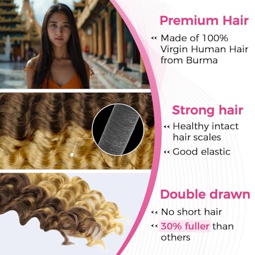 Lashey Human Braiding Hair Deep Wave 50g Bulk Human Hair for Braiding #4/27 Ash Brown Mix Honey Blonde 100% Virgin Hair Bulk No Weft Human Hair Extensions for Boho Braids 22 Inch