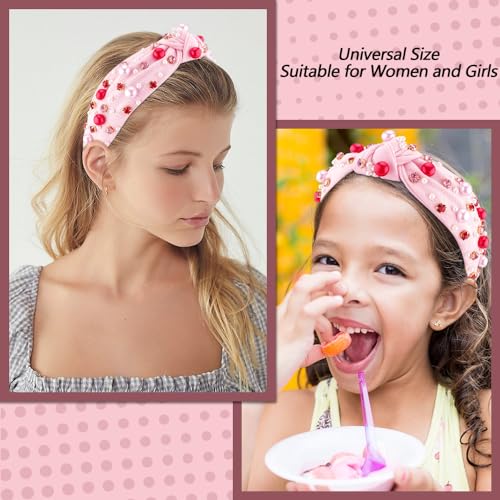 AHONEY Pink Headband Hair Accessories for Women Girls Knotted Headband Pearl Crystal Knotted Jeweled Wide Top Knot Headband Valentine’s Day Gifts (Pink)