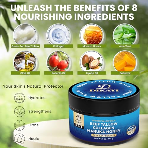 Whipped Beef Tallow Balm for Skin, 5 oz - 8-in-1 Organic Multi-Use Natural Moisturizer for Face, Body, Lips - Hydrates Dry & Cracked Skin with Grass-Fed Ingredients, Collagen, Manuka Honey (Unscented)