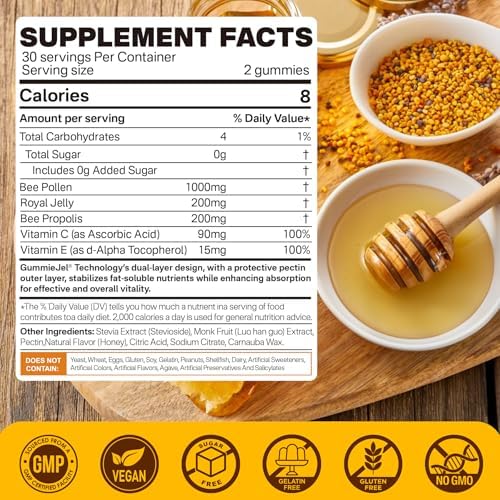 Bee Pollen Organic 1000mg, w/Propolis, Royal Jelly, Sugar Free Bee Pollen Gummies Rich in B-Vitamin, Antioxidants, Amino Acids, Bee Pollen Supplement for Energy, Skin & Immune (1 Pack)