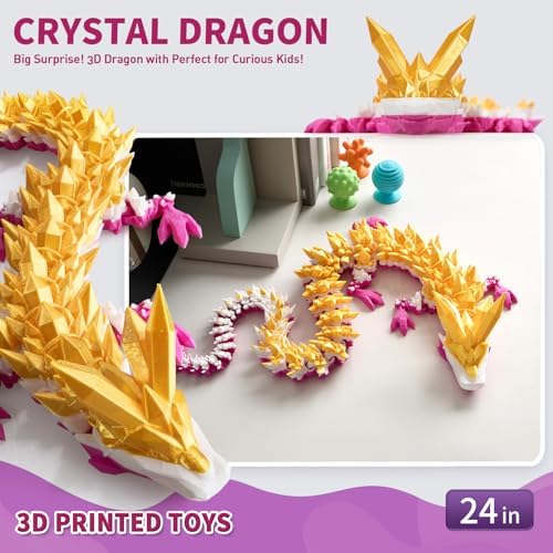 Large 3D Printed Dragon,24 Inch 3D Dragon Toys,Bigger Fidget Crystal Animals Toys, 3D Printed Articulated Animals for Home Office Car Desk Decor (Gold White Purple, 24 inch)