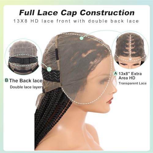 36 Inch 13X8 HD Lace Front Box Braided Wigs With Boho Curly Ends Knotless Braided Wig For Women Human Hair Blended Braids Lace Front Wig With Baby Hair Natural Black