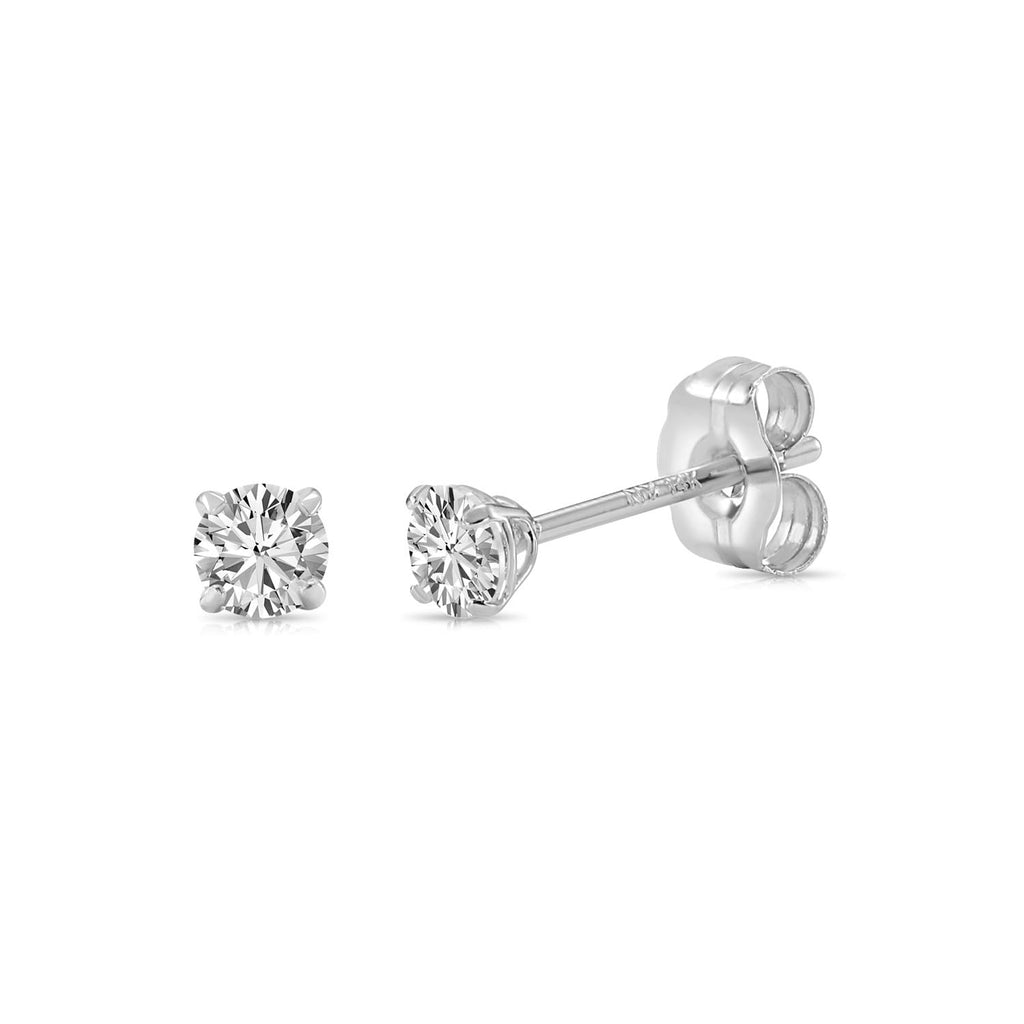 14k White Gold Solitaire Round Cubic Zirconia Stud Earrings Pushbacks 3mm