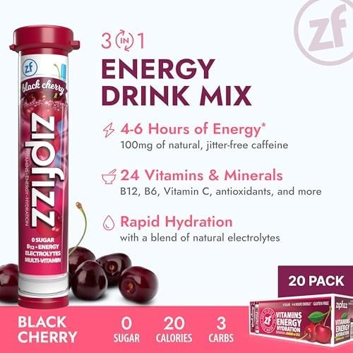 Zipfizz Energy Drink Powder, 20 Pack Electrolyte Mix with B12 -Black Cherry